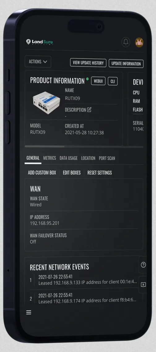 LandSure mobile dashboard showing live sensor product information and recent events